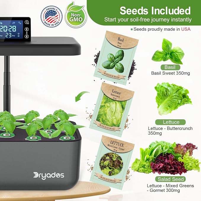 Hydroponics Growing System Kit with Seeds, 12-Pod Indoor Garden with 24W Full-Spectrum LED Grow Light, Smart LCD Control and 7L Water Tank for Herbs, Lettuce, Vegetables and Flowers(Black)