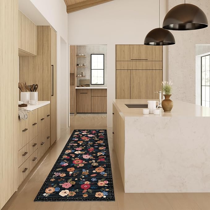 Machine Washable Rug Runners for Hallways: 2'6"x8' Kitchen Runner Rug Non Slip Low Pile Soft Faux Wool Floral Floor Rug Non Shedding Carpet Runners for Entryway Bedroom Hallway Living Room Farmhouse