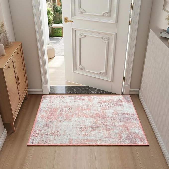 Pink Washable Small Area Rug, 2x3 Abstract Non-Slip Door Mat, Modern Low Pile Indoor Entryway Rugs, Stain Resistant Throw Carpet for Front Door, Kitchen, Entry, Inside Entrance