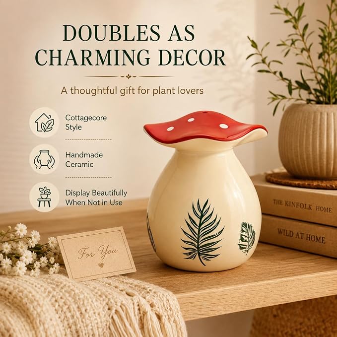Cute Thumb Watering Can, Mushroom Decor Indoor/Outdoor, Handmade Ceramic Watering Bell, Cottagecore Decor Aesthetic Mushroom Merchandise, Plant House Warming Gifts