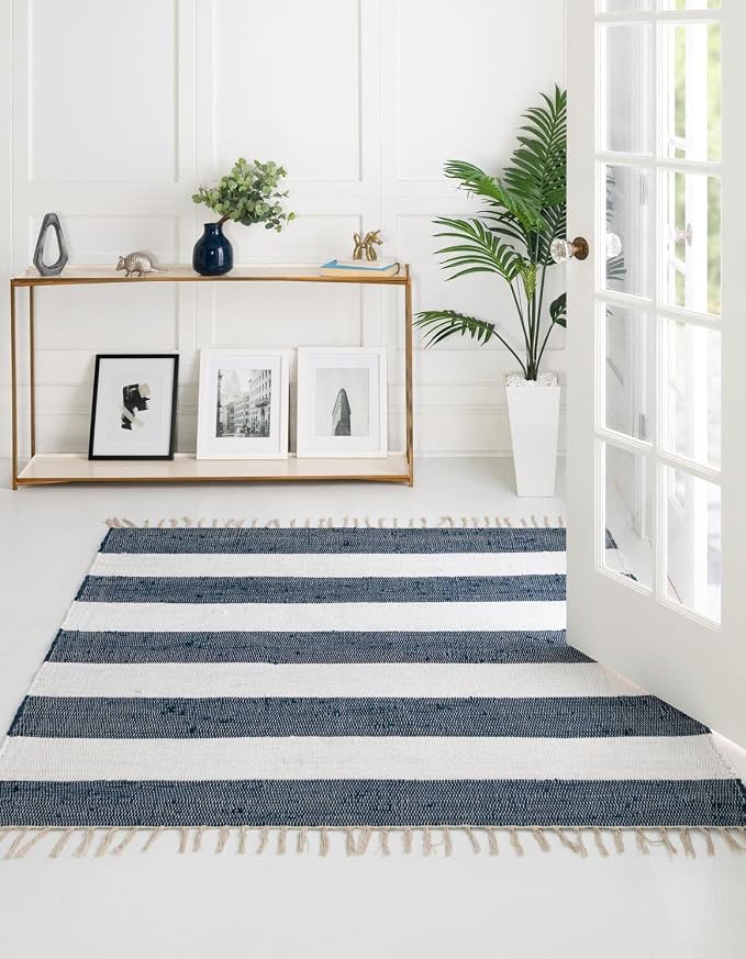 Unique Loom Chindi Rag Collection Area Rug - Striped (10' Square, Navy Blue/ Ivory)