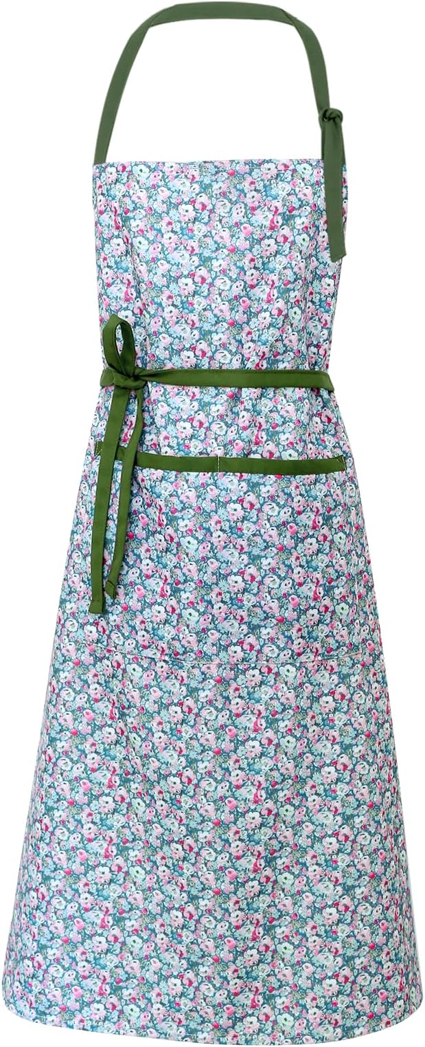 Women's Vintage Floral Kitchen Apron for Cooking & Gardening | Adjustable Neck Straps & Large Pockets, Cute Pinafore for Baking Tea Time, Practical Hostess Gift(Sage Pink)