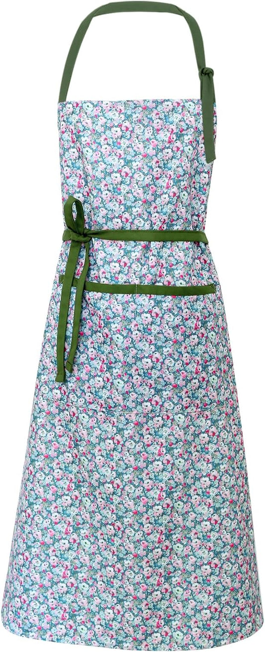 Women's Vintage Floral Kitchen Apron for Cooking & Gardening | Adjustable Neck Straps & Large Pockets, Cute Pinafore for Baking Tea Time, Practical Hostess Gift(Sage Pink)
