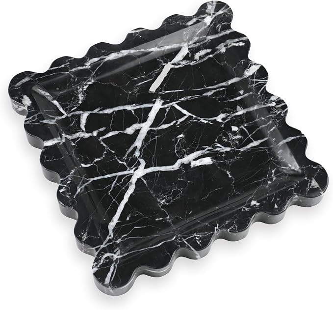 Scalloped Square Marble Decorative Tray, Natural Stone Vanity & Jewelry Tray, Trinket Organizer for Ring, Key, Dresser, Nightstand, Bathroom Counter & Kitchen Sink(Black)