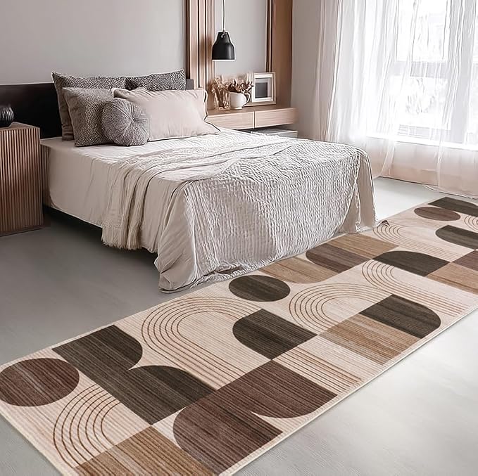 Soft Modern Geometric Abstract Machine Washable 2x6 Runner Rug | Brown Rugs for Bedroom Living Room, Non-Shedding Faux Wool Indoor Throw Floor Carpet for Office Entryway Dining Room Decor