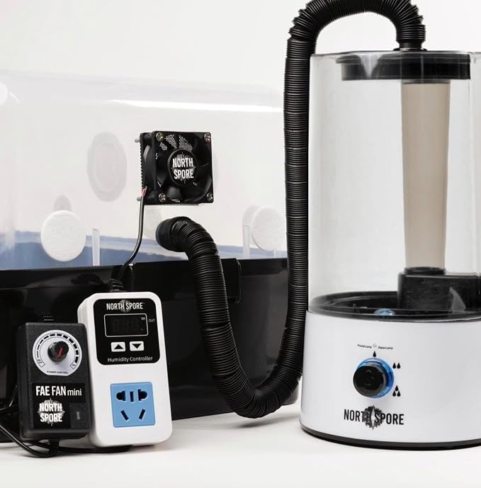 North Spore 'Boomr Bin' Monotub Automated Tech Kit for Growing Mushrooms | Includes Humidity Controller with Sensor, Fresh Air FAE Fan, Humidifier with Hose, Easy to Install