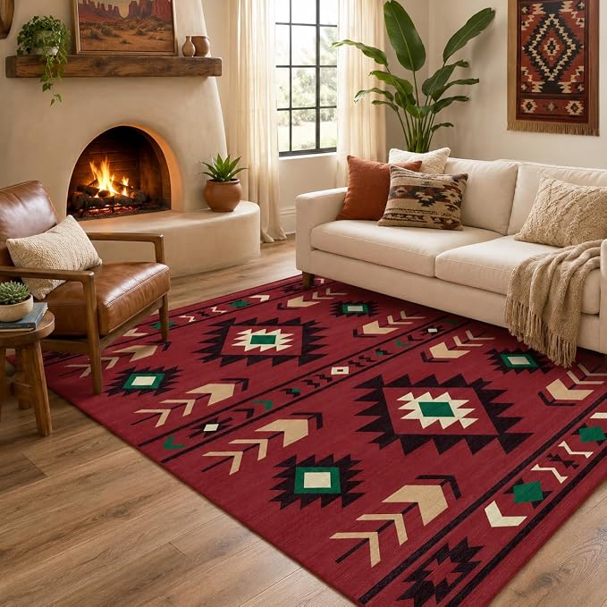 Area Rug 5x7 Western Rug Living Room Southwestern Aztec Tribal Rugs Southwest Navajo Machine Washable Non-Slip Printed Low-Pile Floor Carpet for Bedroom Dining Room Office, Red