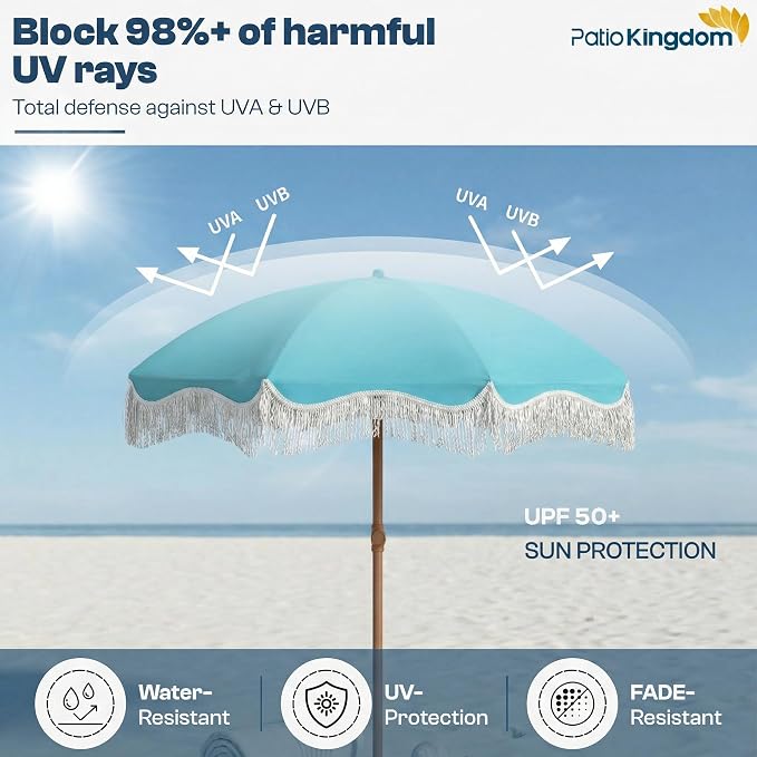 7ft Patio Umbrella with Fringe, Boho Beach Umbrellas, Outdoor Tassels Umbrellas with Push Button Tilt & Carrying Bag, 8 Windproof Fiberglass Ribs, UPF50+