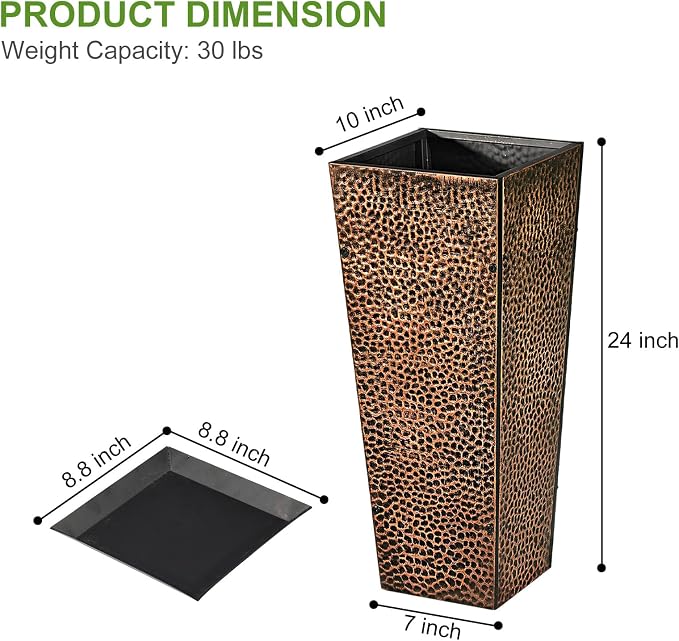 BAYN 2-Pack 24" Tall Metal Planter – Hand-Hammered Textured Large Bronze Flower Pots Box with Saucer for Outdoor&Indoor, Garden, Porch, Patio, Yard with Pre-Drilled Drainage Holes