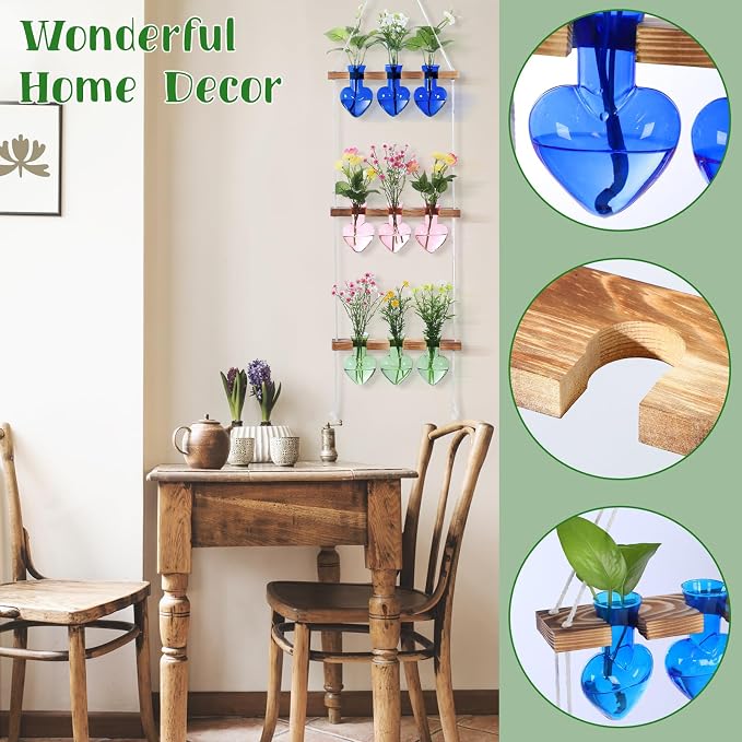 Leinuosen Wall Hanging Plant Propagation Stations Mother Gifts for Her Plant Lovers 3 Tiered 9 Heart Shaped Glass Vases Terrarium with Wooden Stand for Hydroponics Indoor Garden Home Decor(Multicolor)