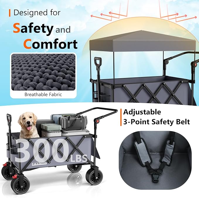 3 in 1 Collapsible Wagon with 300lbs Weight Capacity,150L Heavy Duty Utility Cart with Removable Canopy,with Big All-Terrain Beach Wheels & Drink Holders,Gray