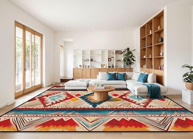 10x14 Area Rugs for Living Room Native American Indian Ornament Pattern Geometric Ethnic Textile Washable Large Area Rug for Bedroom Non Slip Outdoor Carpets Soft Mats Kitchen Home Office Decor