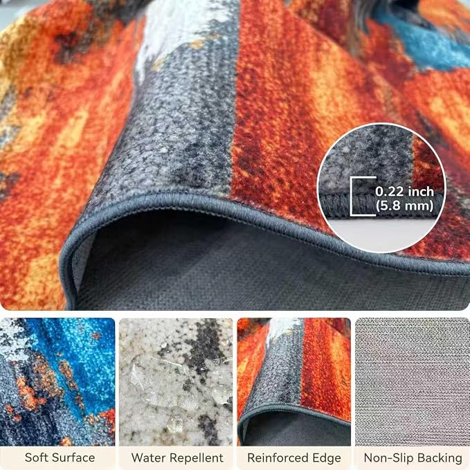 2x6 Burnt Orange and Teal Abstract Brushstroke Area Rug | Soft Low-Pile Machine-Washable Rug with Non-Slip Backing for Dining Rooms, Entryways and Reading Areas for Easy Everyday Care
