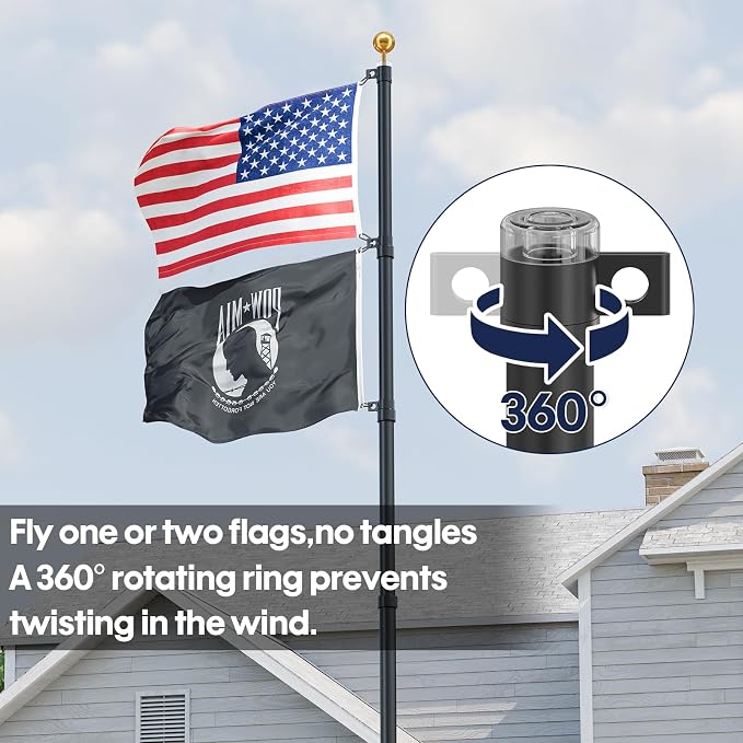20FT Telescoping Flag Pole for Outside House, Extra Thick Telescopic Flagpole with USA Flag, Inground Outdoor Use, Camper RV, Residential & Commercial, Complete Hardware & Aluminum Top Ball (Black)