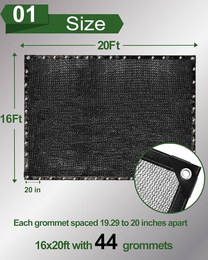 vensovo 30% Sunblock Shade Cloth Net Black Resistant - 16x20 Ft Garden Shade Mesh for Plant Cover, Greenhouse, Chicken Coop, Kennels, Tomatoes Plants
