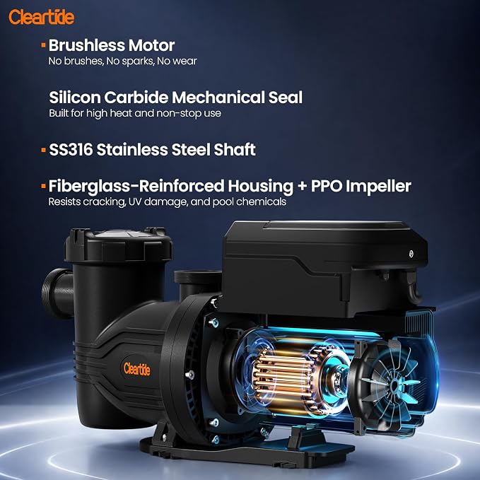 Cleartide 2 HP Smart Variable Speed Pool Pump, 9774GPH, 220-240V AC | In-Ground/Above Ground Swimming Pool Pump With Smart APP Control, Energy Saving and Ultra Quiet