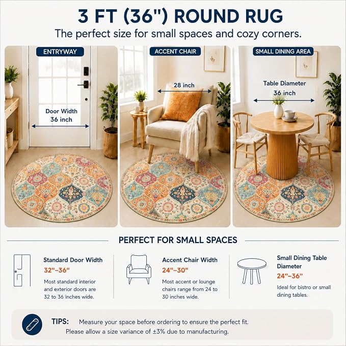 Lahome Round Moroccan Washable Rug, Soft Vintage Small Round Rug 3ft Non-Slip, Ultra-Thin Distress Circle Carpet for Bedroom Entryway Kitchen Bathroom Elise, Burnt Orange