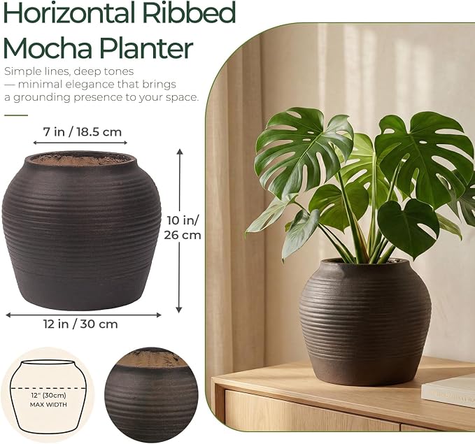10" H x 12" Dia Vintage Black Fiberstone Planter Pot with Drainage Hole, Round Flower Pot for Indoor Outdoor Plants, Decorative Planter for Patio, Porch, Garden, Home Décor