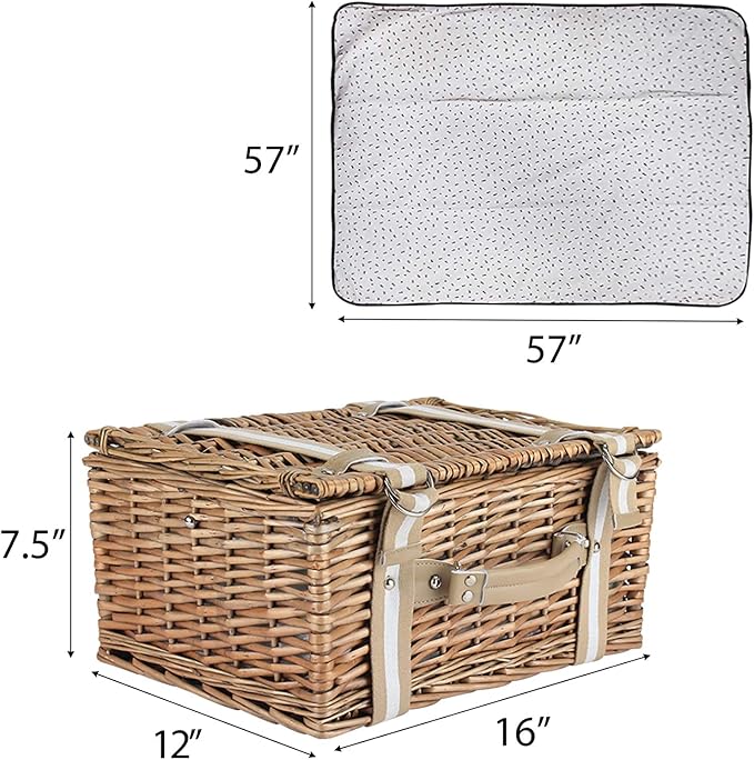 Willow Picnic Basket Set for 2 Persons with Large Insulated Cooler Bag and Waterproof Picnic Blanket, Wicker Picnic Hamper for Camping,Outdoor,Birthday