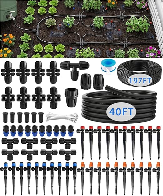1/2" Drip Irrigation System Kit with 40 Adjustable Nozzles, PE UV-Resistant | Quick-connect, 2X Lifespan of PVC , Leak-Proof for Indoor Pots, 40FT 1/2" Main tube+ 197FT 1/4" Tube, 4 Nozzle Types