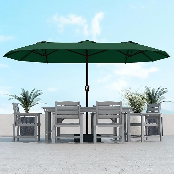 Kingdura 15ft Large Patio Umbrella with Base Included, Double-Sided Rectangle Outdoor Table Umbrella with 12 Reinforced Ribs, Crank Lift for Market Pool Deck Backyard, Dark green