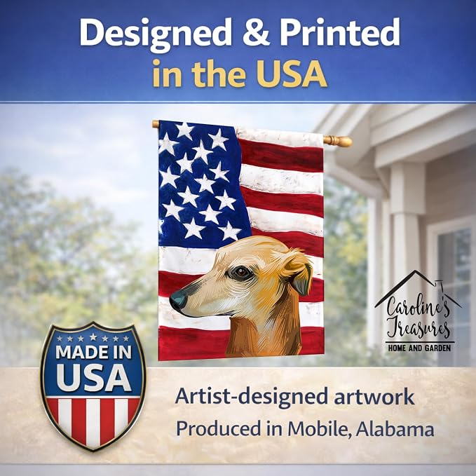 Caroline's Treasures CK6530CHF Galgo Espanol Dog American Flag House Flag Large Porch Sleeve Pole Decorative Outside Yard Banner Artwork Wall Hanging, Polyester, House Size, Multicolor