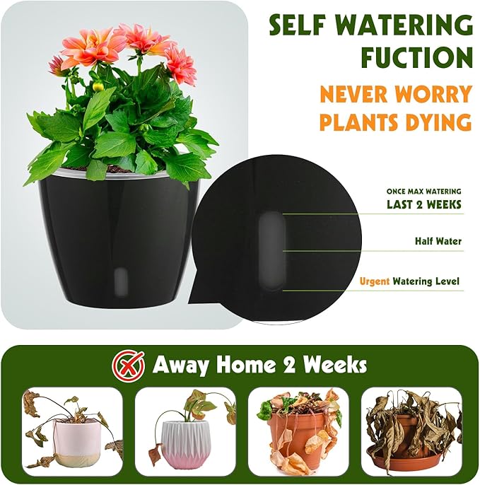 Self-Watering Pots for Indoor Plants, 8-Pack Self Watering Planter with Drainage Holes, Small African Violet Pots with Water Indicator, 5-Pack 5''/3-Pack 6.7'' Orchid Pot, Black