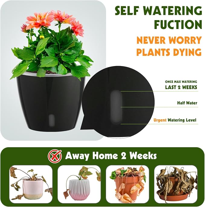 Self-Watering Pots for Indoor Plants, 16-Pack Self Watering Planter with Drainage Holes, Small African Violet Pots with Water Indicator, 10-Pack 5''/6-Pack 6.7'' Orchid Pot, Black