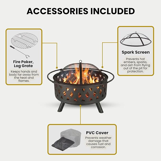 Fire Pit - 32-Inch Outdoor Wood Burning Firepit with Screen, Poker, and Cover - Outdoor Fire Pits for Backyard, Deck, or Patio by Pure Garden (Black)