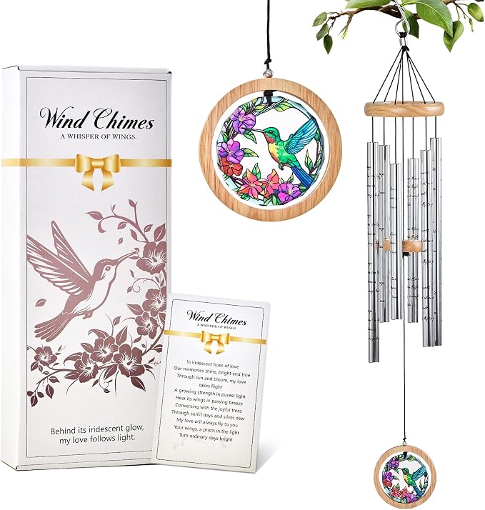 Sympathy Wind Chimes for Outside 34" Hummingbird Memorial Wind Chime Outdoor for Garden Porch Decor Hummingbird Memorial Sympathy Gift for Loss of Loved One Mom Dad Grandpa Grandma Friends