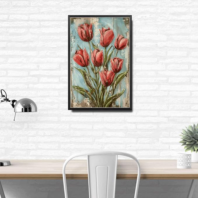 Metal Sign Tin Sign Vintage Wall Art Vintage Shabby Chic Tulip Tin Sign for Rustic Wall Art Elegant Blooms and Weathered Texture Displ Home Decor for Room 6×8 Inches with Metal Frame