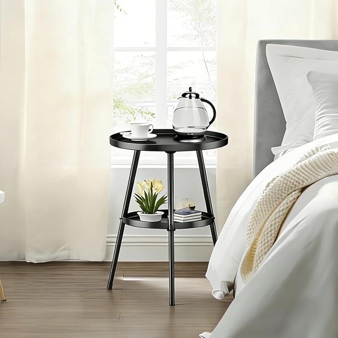 SYQ Round Metal Side Table Small End Table for Indoor Outdoor, Mid Century Modern Decor, Simple Circle Accent Table for Living Room Bedroom Bathroom Office All Matte Black
