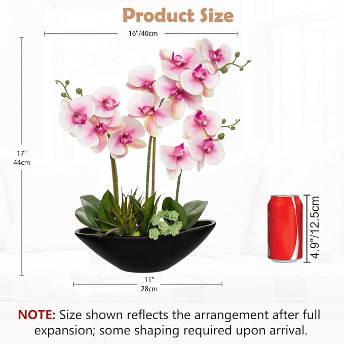 Briful Pink Orchid Fake Flowers 17in Artificial Orchid Silk Flowers in Black Pot Faux Orchid Arrangement for Home Office Bathroom Table Centerpiece Modern Decor