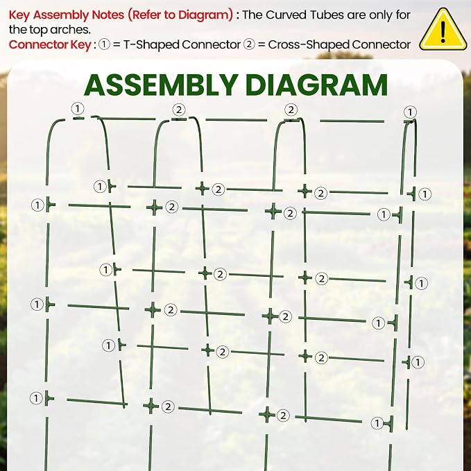 63" H x 47" L x 23" Cucumber Trellis for Raised Beds, Heavy Duty Metal Garden Arch Trellis with Nylon Net & Plant Ties, Vertical Trellis for Climbing Plants, Cucumbers, Tomatoes, Peas & Vines