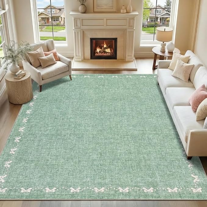 COZYLOOM 10x14 Large Bow Border Area Rug for Living Room, Machine Washable Area Rugs for Bedroom, Non Slip Non Shedding Solid Color Rug Stain Resistant Low Pile Mats for Dining Room, Office, Green