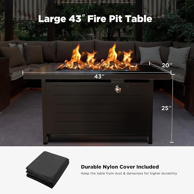 Ciays 43″ Fire Pit Table with Glass Beads & Lid, CSA-Certified Gas Fire Pit with Cup Holders, Hanging Shelf & Nylon Cover, Large Outdoor Fire Pit for Patio/Porch/Deck, 60,000 BTU Heat Output, CIFPT9B