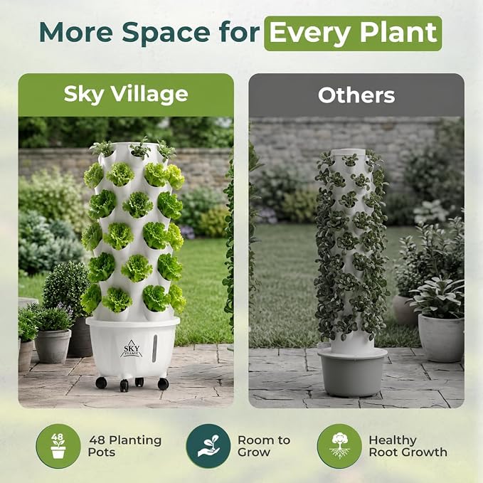 Sky Village Outdoor Hydroponic Growing System, 48 Plant Sites, 6-Tier | Garden for Vegetables, Herbs & Strawberries, Sunlight Powered, 65L Reservoir, Timer & Pump for Patio, Balcony & Backyard
