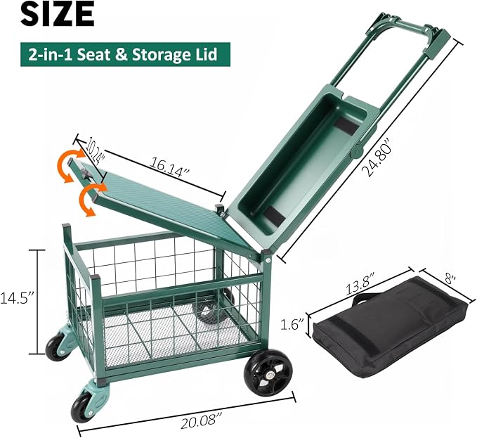 Garden Cart with Seat and 360° Swivel Wheels, Rolling Garden Work Seat with Workbench, Metal Storage Basket, and Tool Bag, Heavy Duty Gardening Carts and Wagons for Seniors