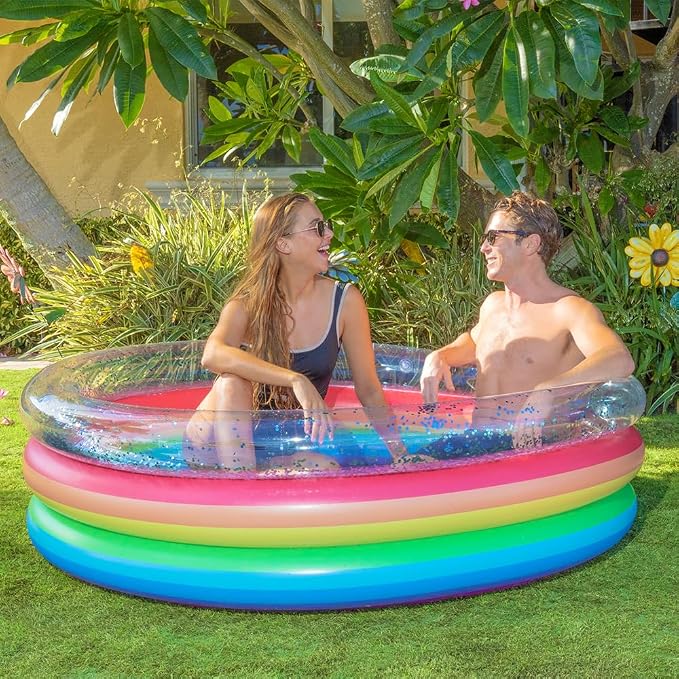 PoolCandy Rainbow Glitter Inflatable Sunning Pool for Adults, 60 Inch Round Inflatable Pool for Up to 3 People, Multicolor Glitter Lounge Pool for Backyard Summer Relaxation | Fits Up to 3 People - Multicolour Glitter Design - Backyard Summer Lounge