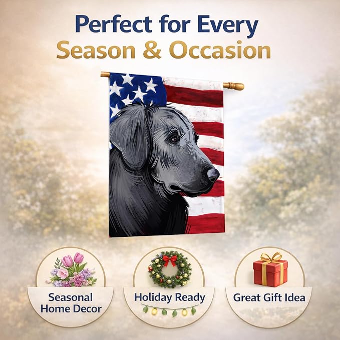 Caroline's Treasures CK6526CHF Flat-Coated Retriever American Flag House Flag Large Porch Sleeve Pole Decorative Outside Yard Banner Artwork Wall Hanging, Polyester, House Size, Multicolor
