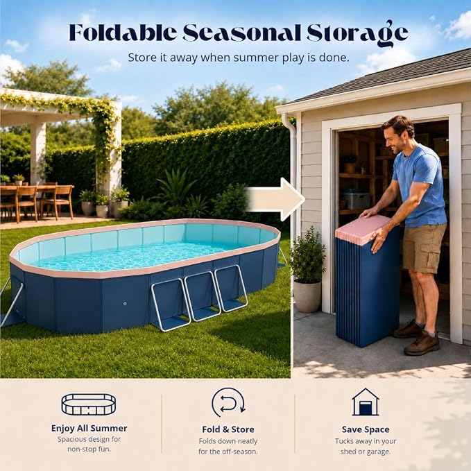 10 ft Foldable Non-Inflatable Swimming Pool, 118.11 x 86.61 x 19.69 in, Blue PVC Backyard Pool with Aluminum Alloy Triangle Supports for 2 Adults and 4 Children