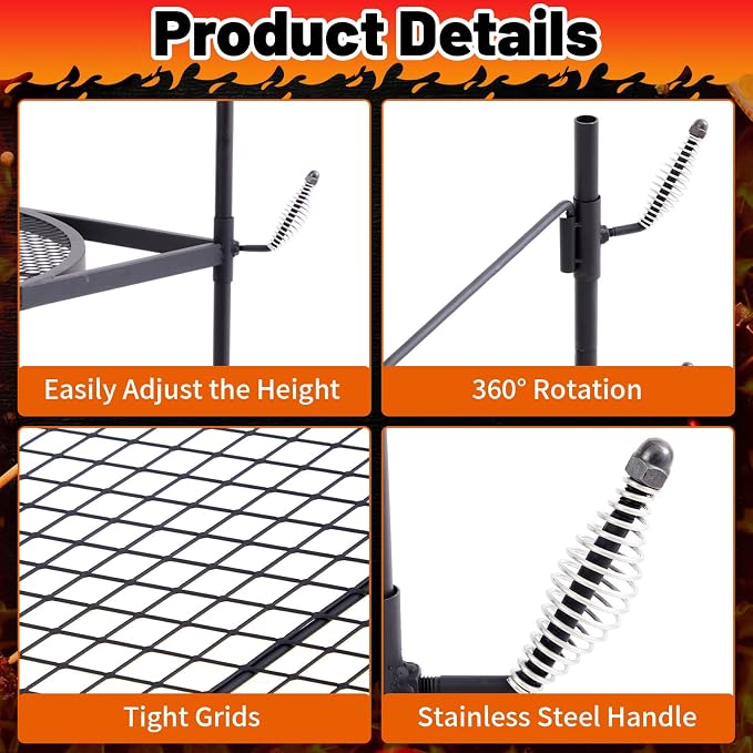 24" Fire Pit Campfire Grill Grate, Foldable Open Fire Cooking Grill Grate Portable Round Camping Cooking Barbecue Rack Heavy-duty, Easy Setup & Adjustable Height for Outdoor Camping BBQ