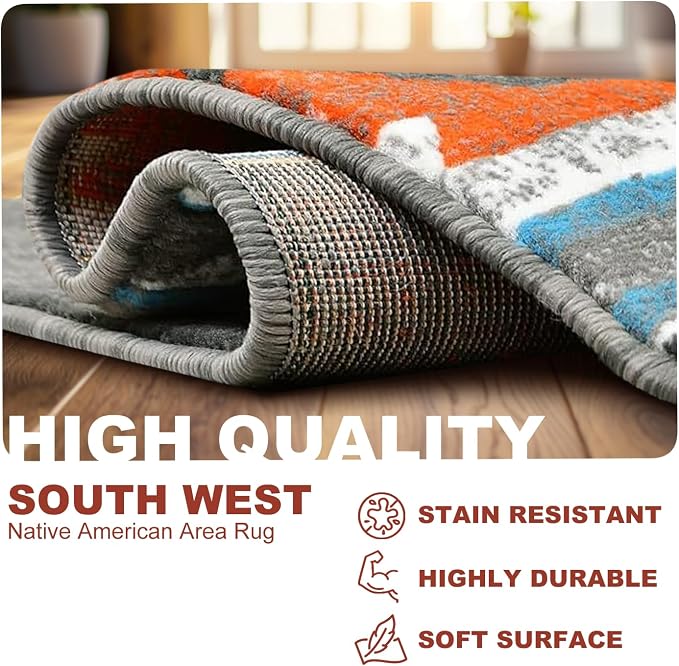 YHSF Southwestern Area Rug - Anti Static & Washable - Lead, 2 ft x 3 ft | Soft Native American Tribal Floor Rugs for Living Room, Bedroom, Hallways, and More - Easy-to-Clean Home Decors