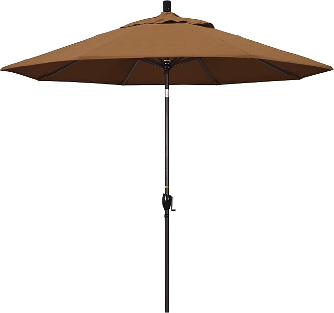 California Umbrella 9' Round Aluminum Market Umbrella, Crank Lift, Push Button Tilt, Bronze Pole
