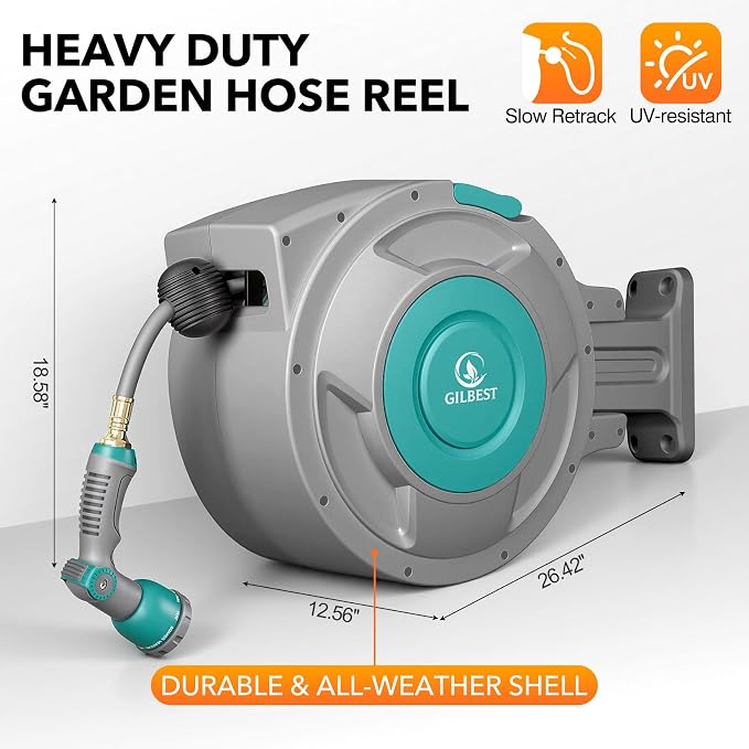 5/8" x 100 ft Retractable Garden Hose Reel, Heavy Duty Water Hose Reel Wall Mounted, Any Length Lock, 180°Swivel, Retractable Hose with 10-Function Nozzle for Cleaning, Watering (Green)