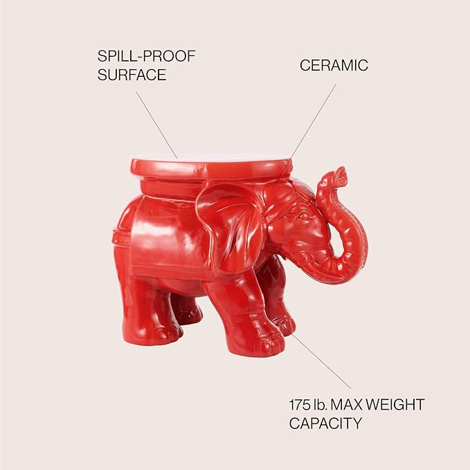 JONATHAN Y White Elephant 14.25" Glazed Ceramic Elephant Garden Stool, Weather-Resistant Indoor/Outdoor Patio Side Table and Plant Stand, Bohemian, Red TBL1007B