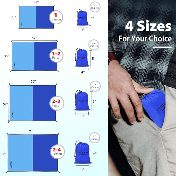 Frelaxy Pocket Picnic Blanket, Waterproof Sandproof Beach Mat, Compact Camping Tarp for Festivals, Hiking, Travel, Outdoor Recreation (Navy & Blue, 35'' x 57'')
