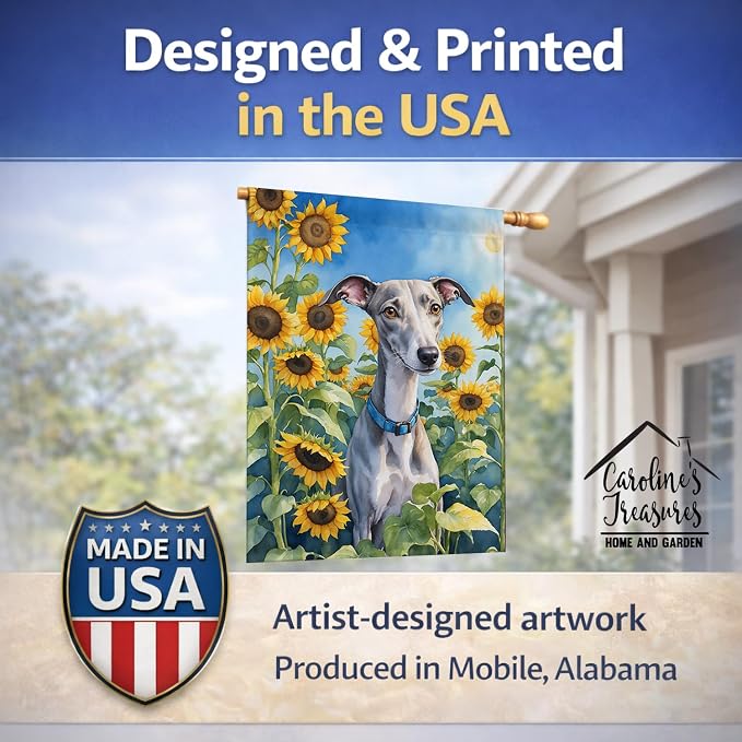 Caroline's Treasures DAC6176CHF Whippet in Sunflowers House Flag Large Porch Sleeve Pole Decorative Outside Yard Banner Artwork Wall Hanging, Polyester, House Size, Multicolor