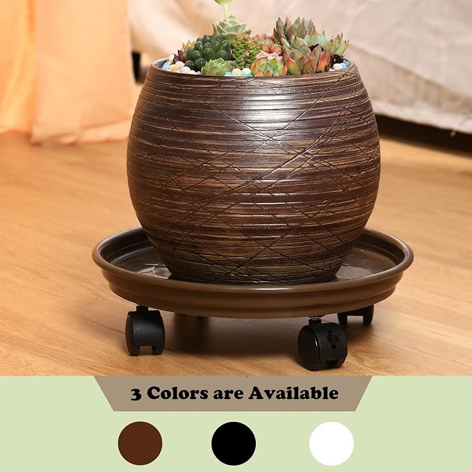 4 Packs Plant Caddy with Wheels 11.8" Plastic Rolling Plant Stands Heavy-Duty Plant Dolly with Casters Indoor Outdoor Plant Roller Base Large Saucer Tray Mover Coaster, Brown