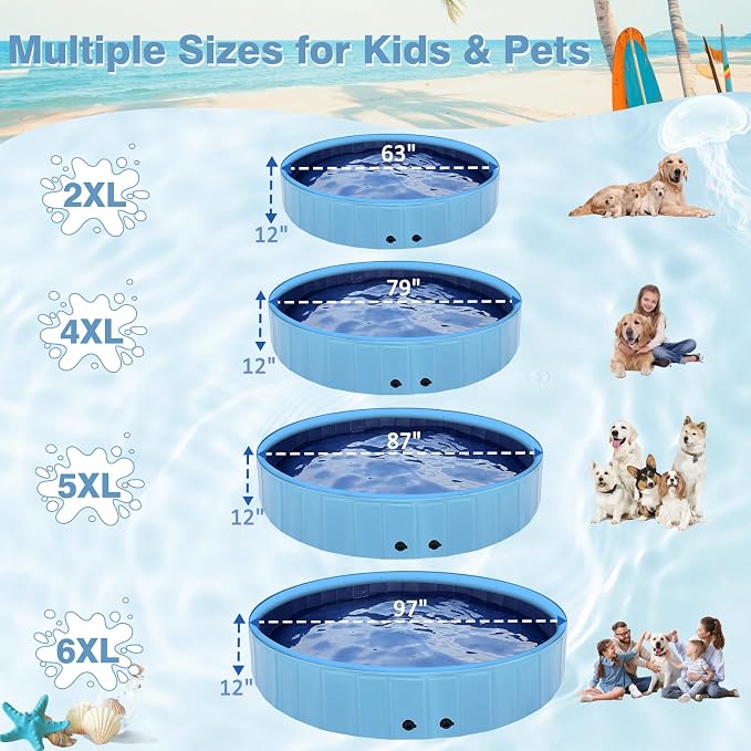 Eooqi Foldable Dog Pool with Sprinkler, Extra Large Thickened Splash Pool | 2-in-1 Outdoor Summer Water Play Toy, Non-Slip Hard-Side Kiddie Pool for Backyard Dogs, Kids & Pets (Blue, 97"-6XL)